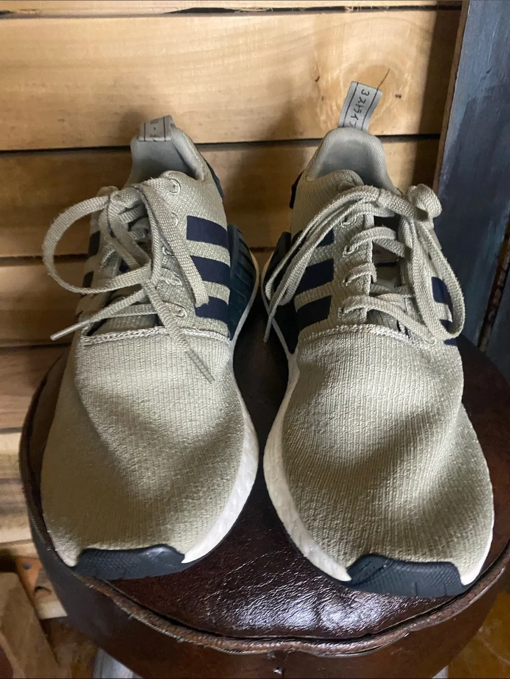 Adidas Men's light olive green Athletic Sneakers with black Stripes size 10